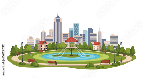 City park with fountain and modern skyscrapers in background.