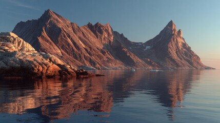 Reflections of majesty: bear islands' mountains in greenland's vast wilderness. Real vibe. Panoramic reflection of bear islands' mountain range in northeast greenland. Authentic moment.