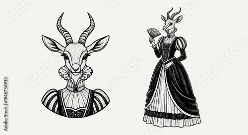 Elegant Antelope Characters in Vintage Attire.