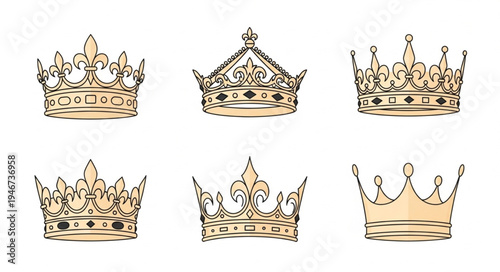 Collection of six ornate golden crowns on a white background.