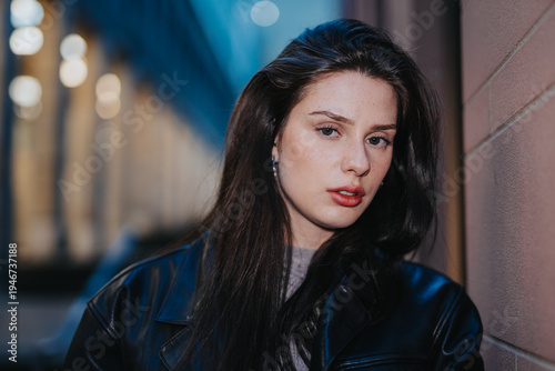 Картината върху платно Young woman portrait wearing a black leather jacket leaning against a wall