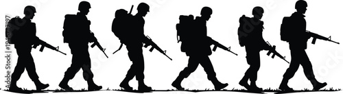 Soldier silhouettes walking with rifles and backpacks, military patrol team, army infantry troops march, defense security war concept