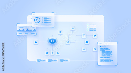 AI workflow automation artificial intelligence. ai agent workflow diagram dashboard machine learning architecture processing flow, coding, data analytics and automation system.