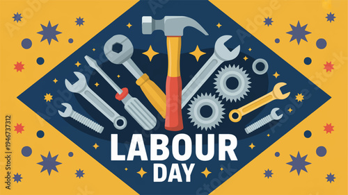 Labour day celebration poster with tools and gears on yellow background