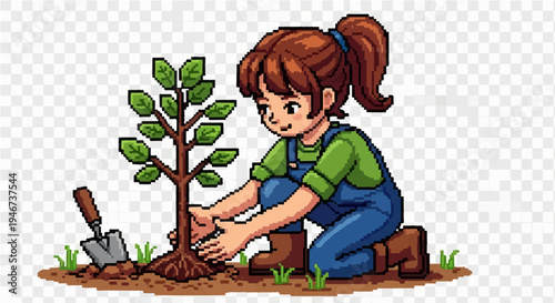 A charming pixel art illustration featuring a young girl with brown hair in a ponytail, wearing green long sleeves and blue overalls, kneeling on the ground to carefully plant a small green tree. 