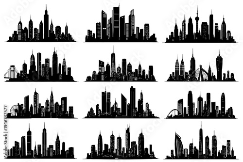 Silhouette of modern urban skylines showcasing diverse architectural styles.