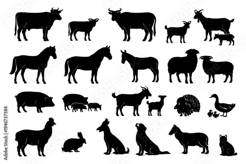Silhouettes of farm animals: horses, cows, goats, sheep, pigs, turkey, duck, dogs, cats, rabbit.