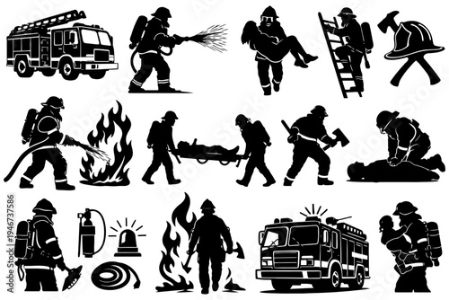 Silhouette illustrations of firefighters in action with fire truck.