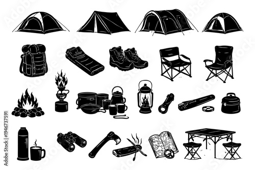 Camping gear icons: tents, backpacks, sleeping bags, lanterns, and more.