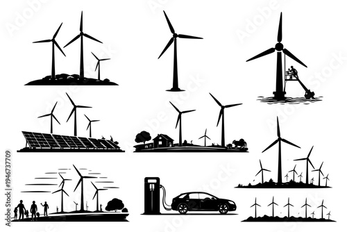 Renewable energy: wind turbines, solar panels, and electric car charging.