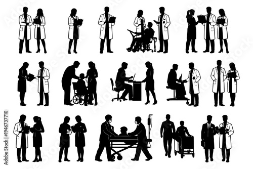 Silhouettes of diverse healthcare interactions with medical professionals and patients.