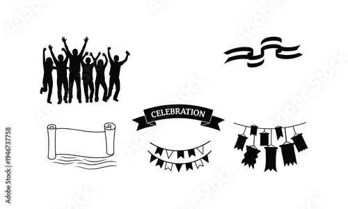 Celebration party elements set with cheering crowd vector illustration silhouette line art