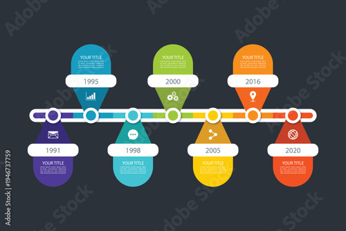 A colorful infographic template with a timeline and various icons and text placeholders for presenting information in a visually appealing way.