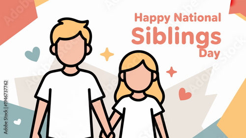 Happy national siblings day greeting card design with cartoon siblings and colorful hearts