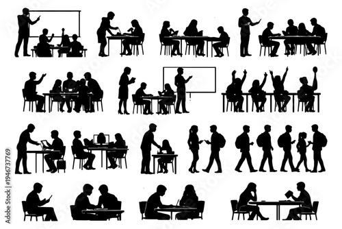 Silhouettes of mixed gender and race students and teachers in educational settings.