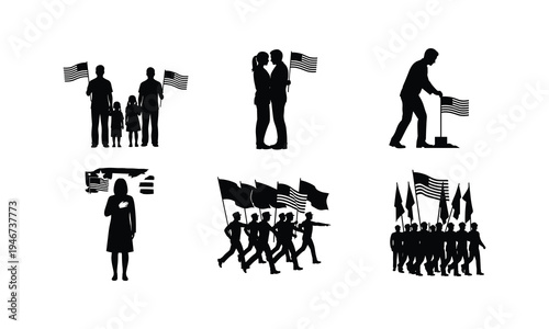 American flag silhouettes vector illustration collection with families and military troops