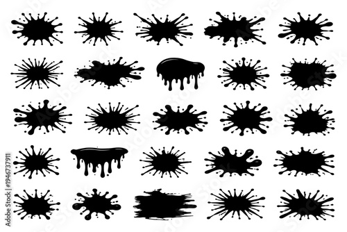 Set of 25 black ink splatter blots drips splatters.