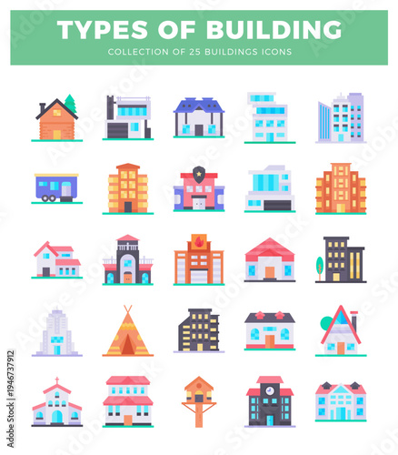 Flat icons of 25 building types in a grid. showing various architectural styles.