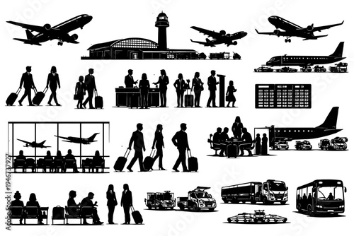 Silhouette airport scenes with airplanes and passengers.
