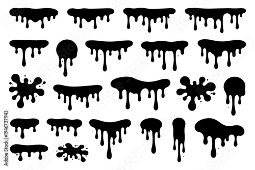Collection of dripping black liquid shapes isolated on white background.