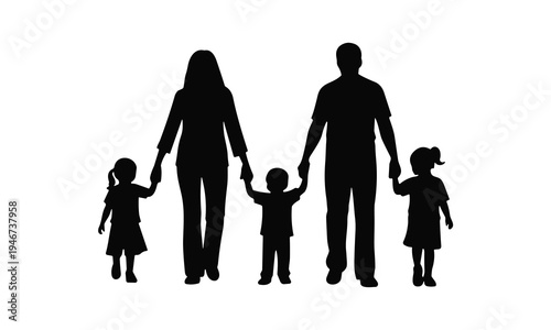 Family silhouette walking holding hands together vector illustration black line art isolated
