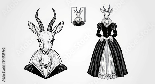Elegant Antelope Characters in Vintage Attire.