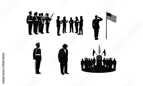 Military ceremony honor guard salute American flag vector silhouette illustration