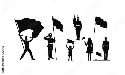 Military parade silhouette vector illustration set showing soldiers and civilians with flag