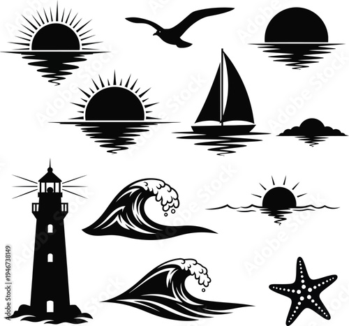 Black silhouette nautical icons set with lighthouse waves and sun
