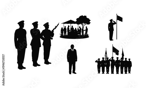 Military parade vector silhouette illustration line art with soldiers and civilians in respect