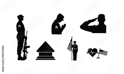 Military soldier vector silhouette illustration line art in various poses ready for duty and respect