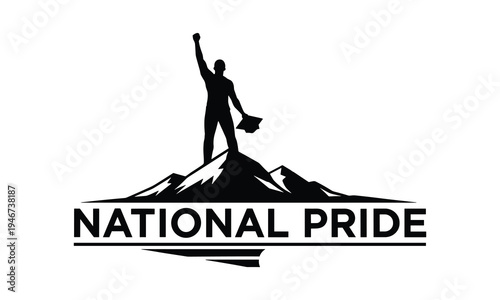 National pride vector illustration, man on mountain silhouette, triumphant line art logo