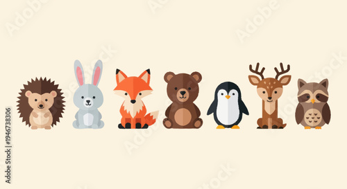 Collection of Cute Cartoon Forest Animals and Penguin.