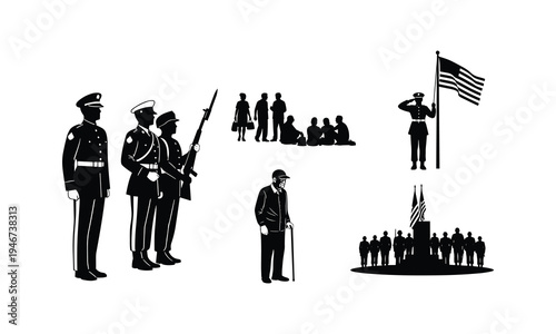 Patriotic vector silhouette illustration of military personnel and citizens honoring veterans day holiday