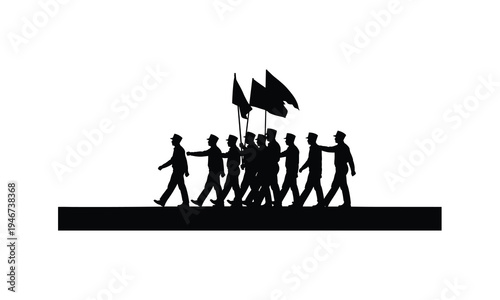 Soldier march vector silhouette illustration line art of military personnel with flags in parade