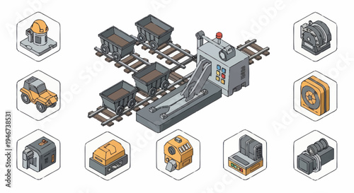 Isometric Industrial Mining Operation with Wagons and Equipment.