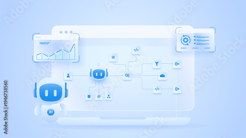 AI workflow automation artificial intelligence. ai agent workflow diagram dashboard machine learning architecture with processing flow, cloud, data analytics and automation system.
