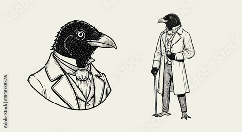 Anthropomorphic Crow Characters in Vintage Attire.