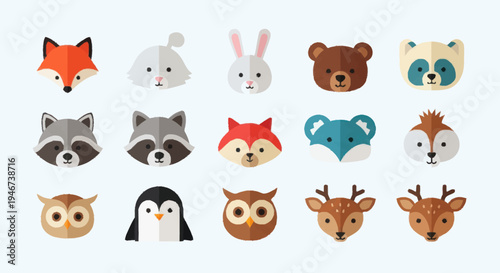 Collection of Cute Flat Animal Faces Icons.