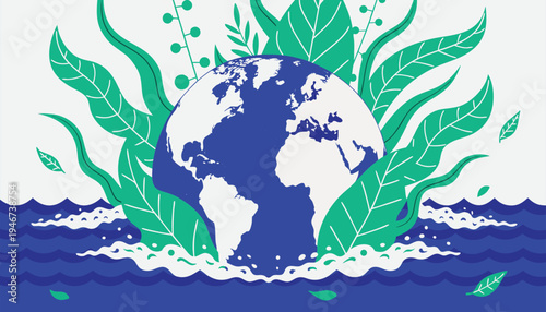 Vector Earth illustration with green leaves and ocean waves