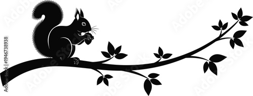 cute squirrel silhouette sitting on tree branch, woodland animal illustration, nature wildlife design, forest rodent character isolated graphic