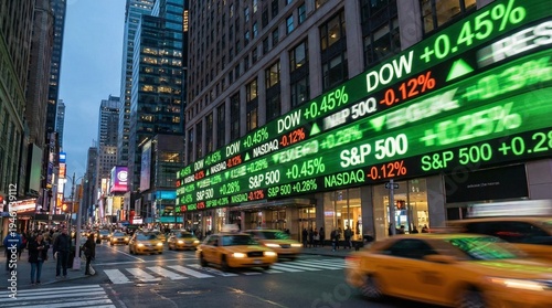 New York City Street Scene with Stock Market Ticker and Yellow Taxis