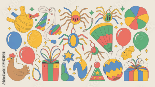Colorful flat vector illustration of birthday party objects and symbols including balloons gifts and decorations on a beige background with a cheerful mood and vibrant colors