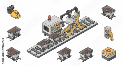 Isometric Industrial Mining Machine with Ore Carts.