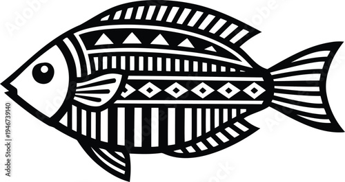 Stylized tribal fish illustration, a graphic design element with intricate patterns reflecting aquatic life and artistic craftsmanship, perfect for decorative themes and creative projects