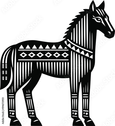 Tribal Horse Silhouette with Geometric Patterns, Stylized Equine Illustration