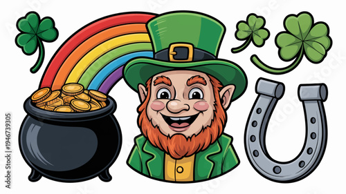Vibrant cartoon leprechaun with rainbow pot of gold clover and horseshoe symbolizing good luck and fortune in a playful illustration