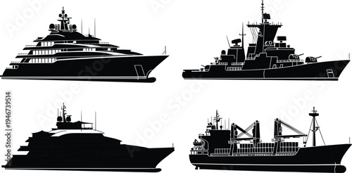 Detailed Black Silhouette Set of Modern Luxury Yacht, Naval Warship, Military Vessel, and Large Container Cargo Ship Isolated on White.