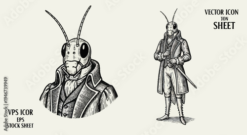 Anthropomorphic Grasshopper Character in Victorian Attire.