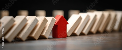 The Red House Block Stopping a Line of Falling Wooden Dominoes